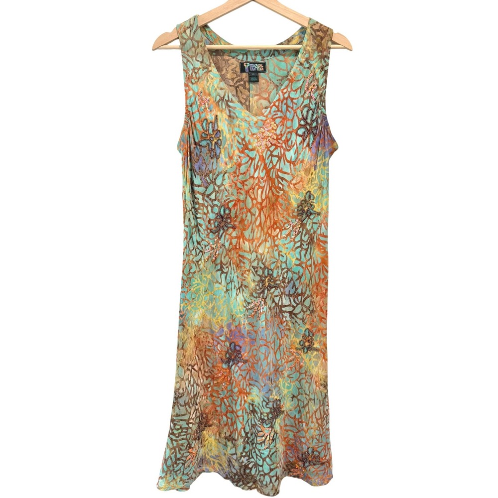 Tropical Tantrum Boho Batik Beaded Sequin Midi Dress Size XL